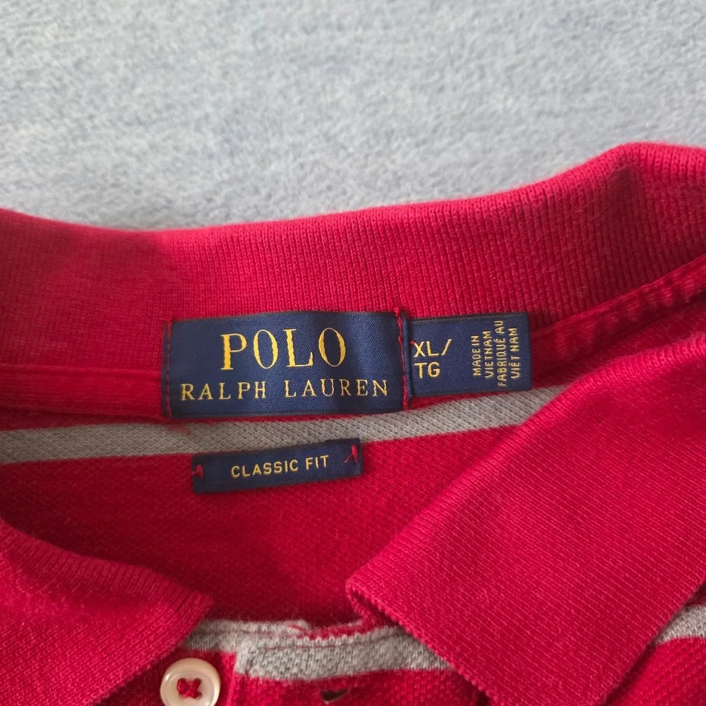 Polo Ralph Lauren Mens XL Classic Fit Striped Polo Shirt Red Grey Short Sleeve - Picture 3 of 8